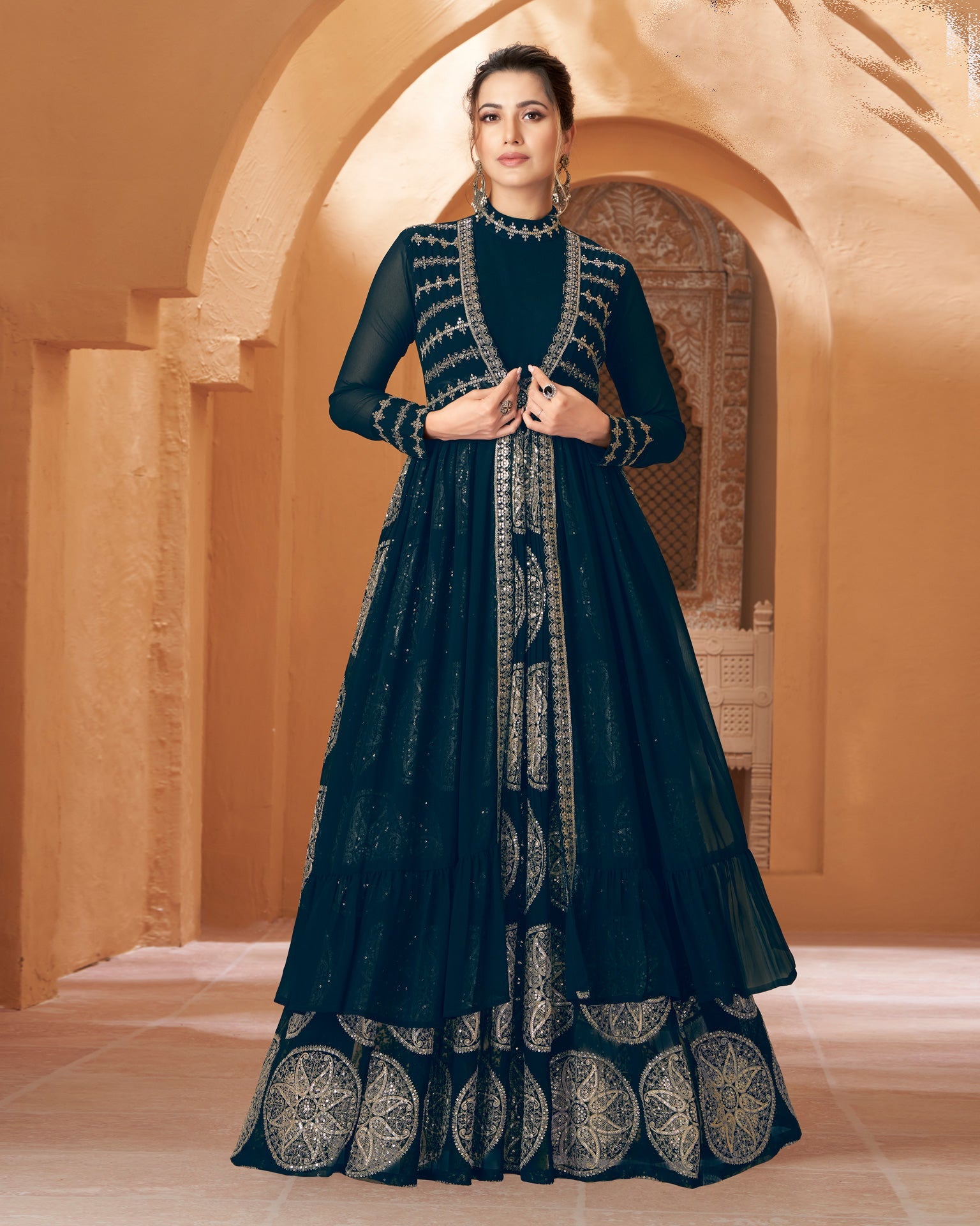 Navy Blue Color Jacket And Butterfly Net Gown Indo Western Suit